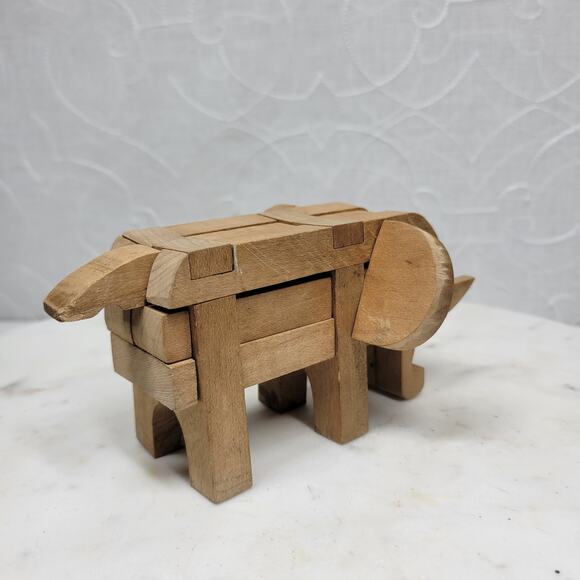 VTG Kumiki Wooden Elephant Interlocking 3D Puzzle Brain Teasers Japanese Signed - Picture 3 of 14